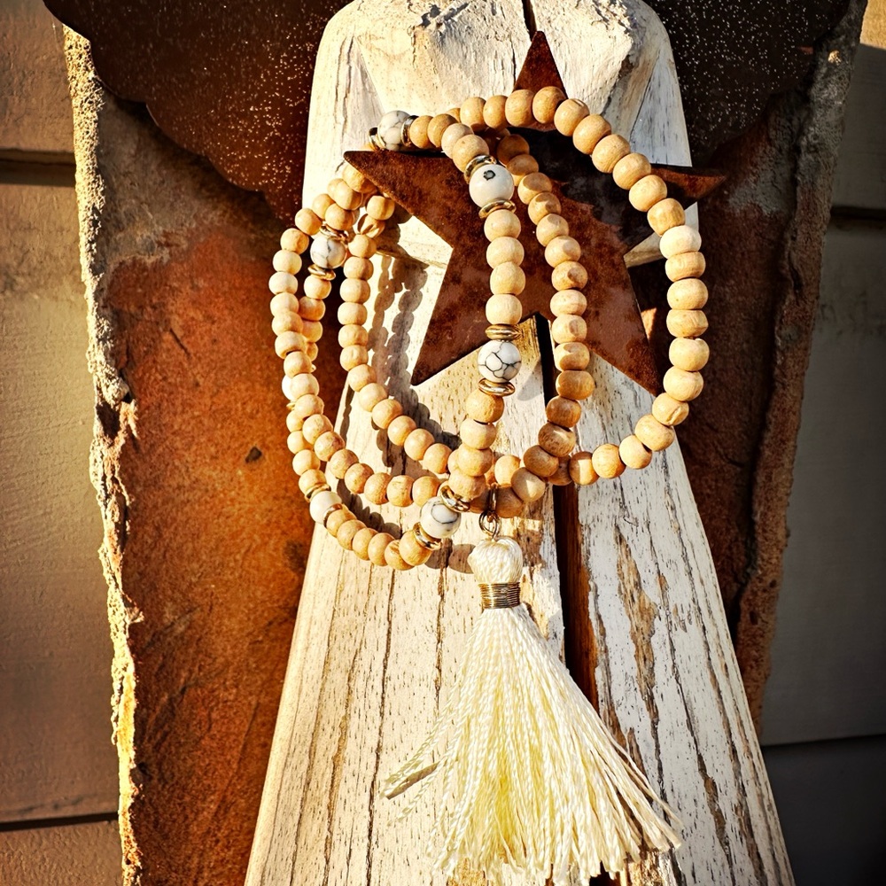 Wood bracelet trio.  White tassel & howlite stone accent beads.